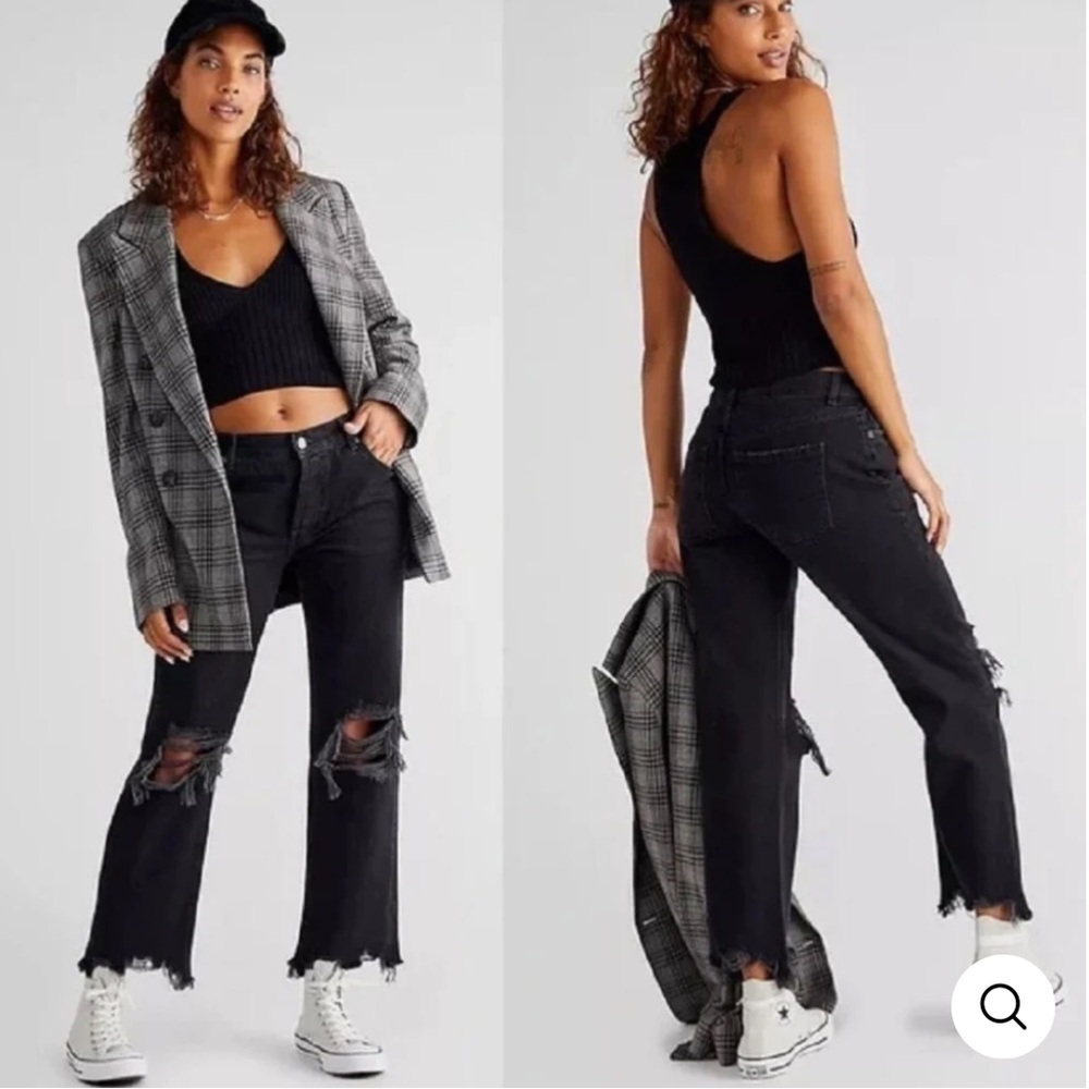 NEW • FREE PEOPLE • Maggie Mid Rise Washed Black Distressed Straight Leg Jeans
